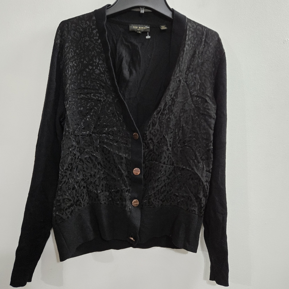 Ted Baker Black Satin-Texture V-Neck Cardigan